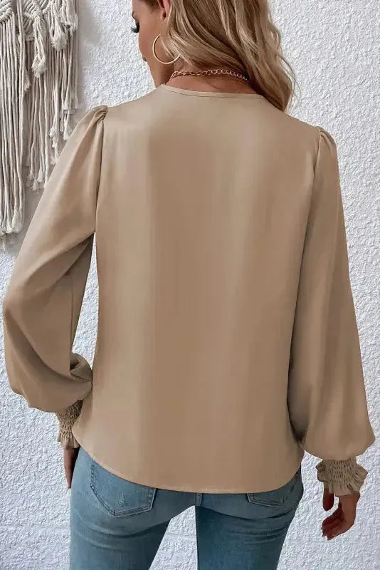 Surplice Neck Shirred Cuffs Draped Blouse