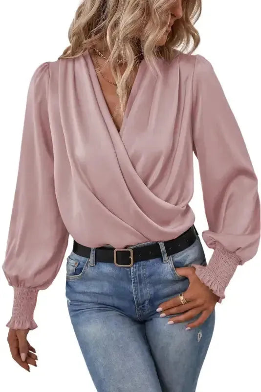 Surplice Neck Shirred Cuffs Draped Blouse