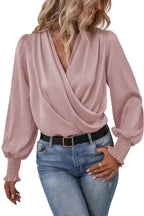 Surplice Neck Shirred Cuffs Draped Blouse