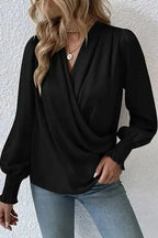 Surplice Neck Shirred Cuffs Draped Blouse