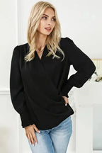 Surplice Neck Shirred Cuffs Draped Blouse