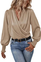 Surplice Neck Shirred Cuffs Draped Blouse