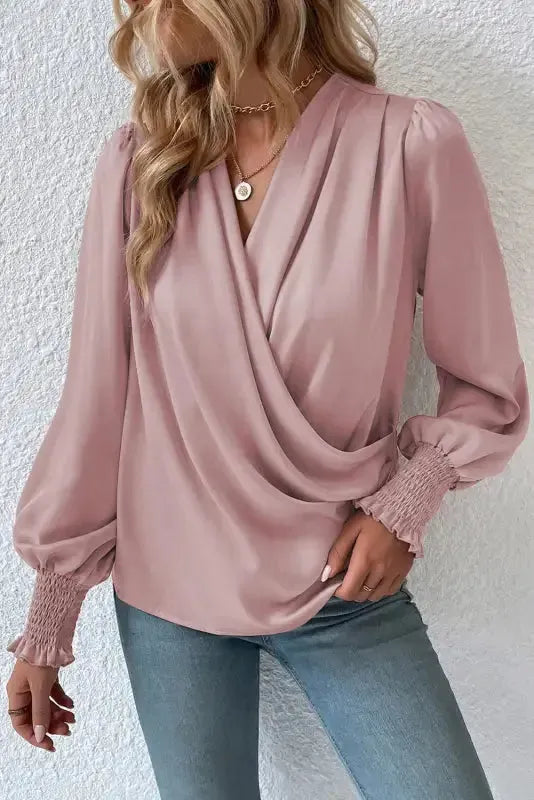 Surplice Neck Shirred Cuffs Draped Blouse