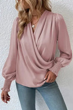 Surplice Neck Shirred Cuffs Draped Blouse