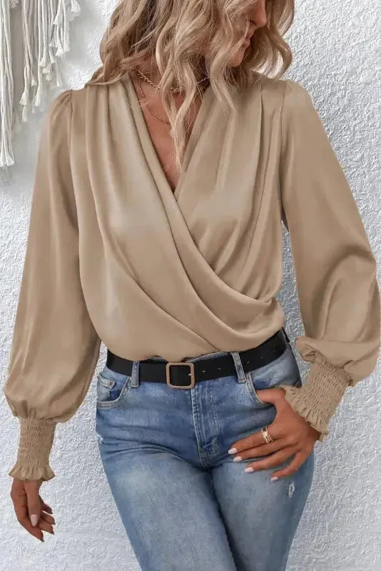 Surplice Neck Shirred Cuffs Draped Blouse