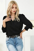 Surplice Neck Shirred Cuffs Draped Blouse