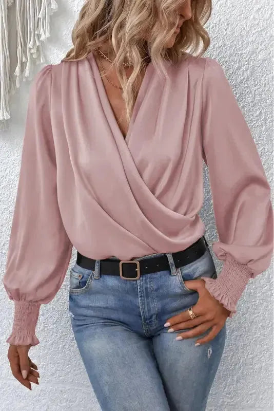 Surplice Neck Shirred Cuffs Draped Blouse