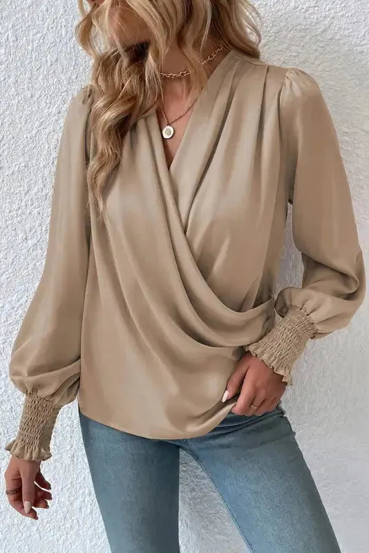Surplice Neck Shirred Cuffs Draped Blouse