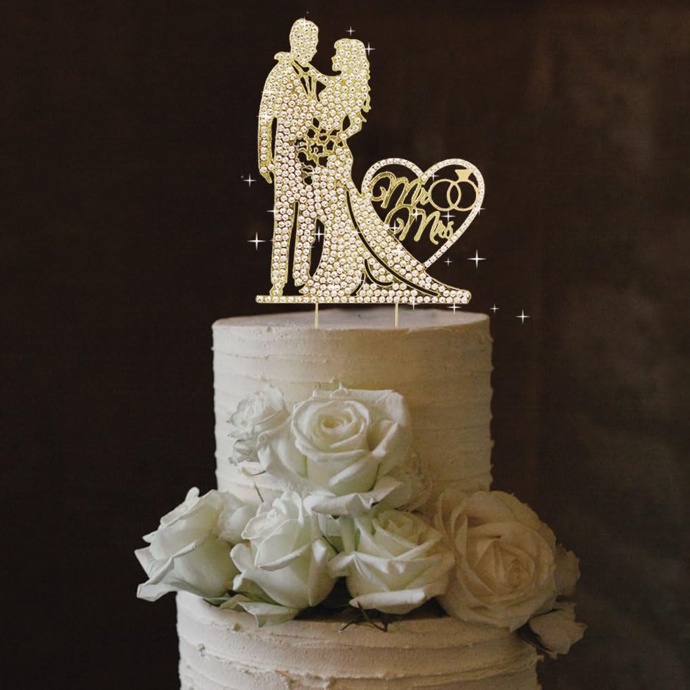 SUVO Elegant Gold Crystal Wedding Cake Topper – Mr & Mrs Rhinestone Design, 4.13x5.2 in