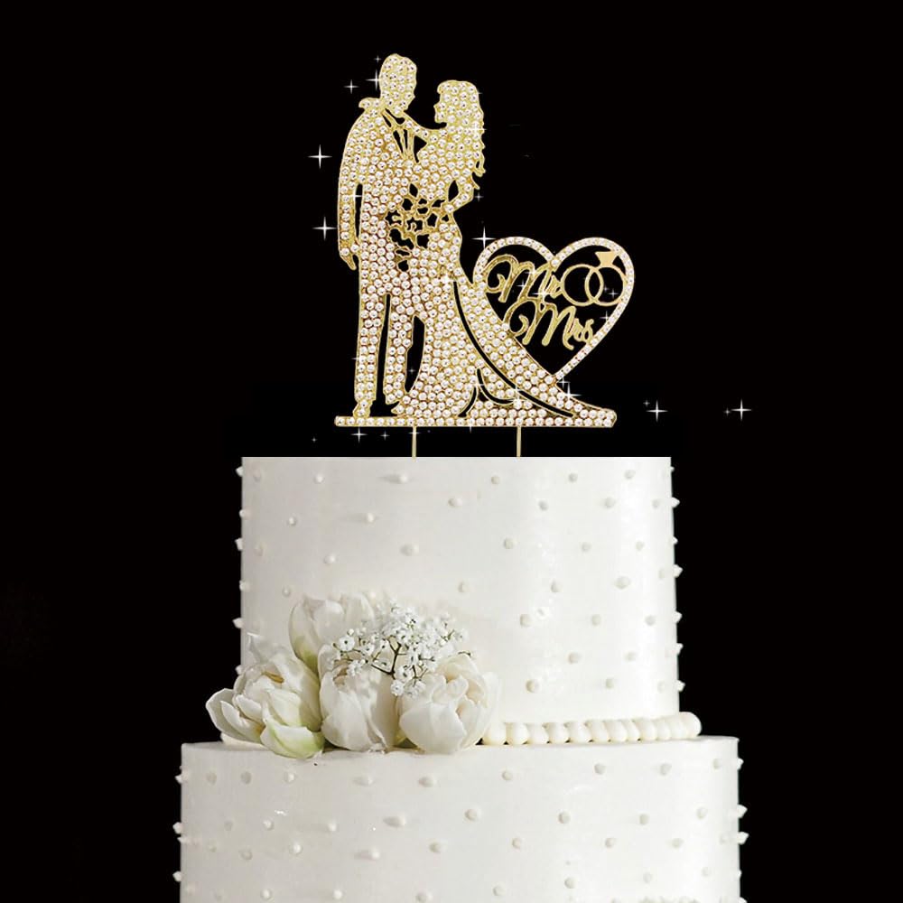 SUVO Elegant Gold Crystal Wedding Cake Topper – Mr & Mrs Rhinestone Design, 4.13x5.2 in