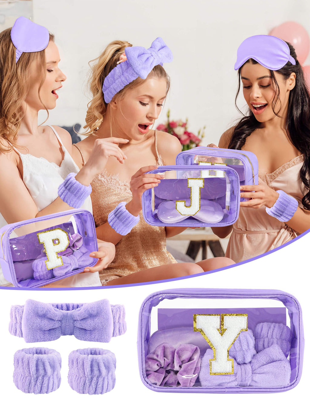 Sweet Lion Gift Sets for Women – Initial Makeup Bag, Purple Spa Kit & Brush Set