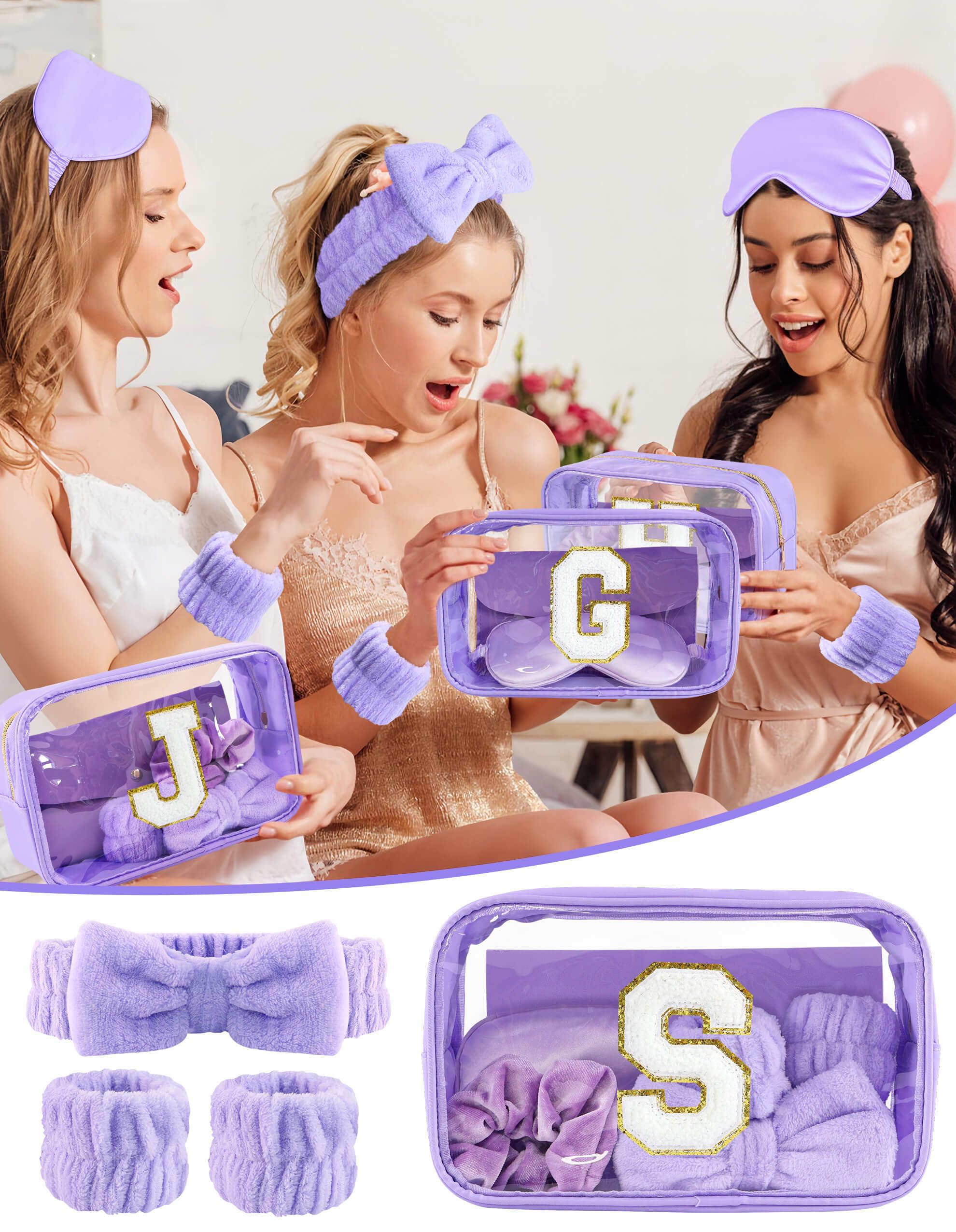 Sweet Lion Gift Sets for Women – Initial Makeup Bag & Purple Spa Kit for Sleepovers & Parties