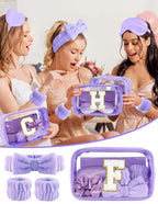 Sweet Lion Gift Sets for Women | Purple Spa Kit with Initial Makeup Bag & Brush Set