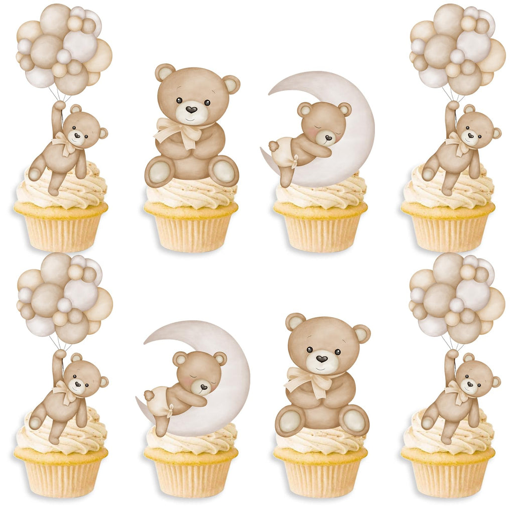SZSHANN 48Pcs Teddy Bear Cupcake Toppers - Baby Shower Bear Theme Cake Decorations