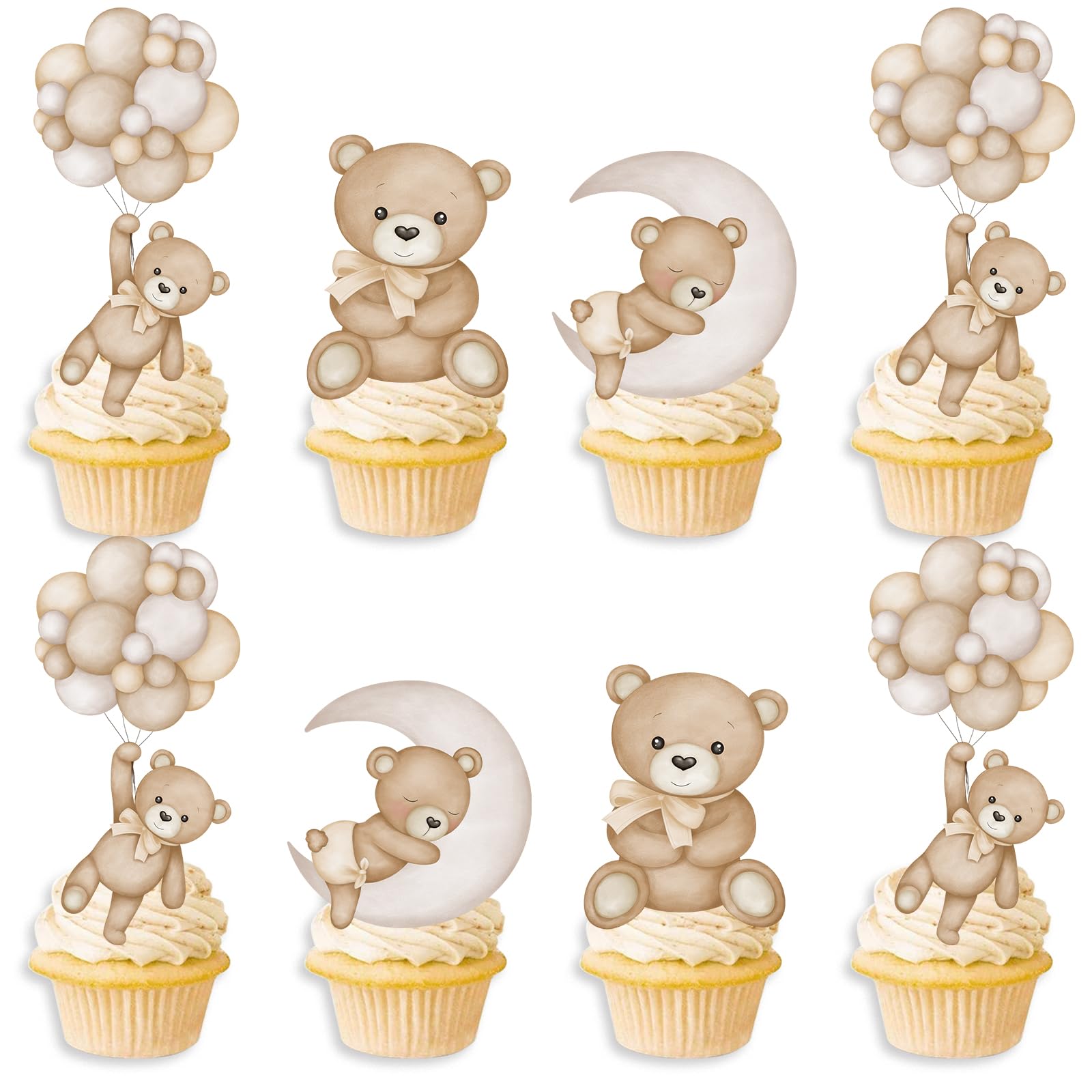 SZSHANN 48Pcs Teddy Bear Cupcake Toppers - Baby Shower Bear Theme Cake Decorations