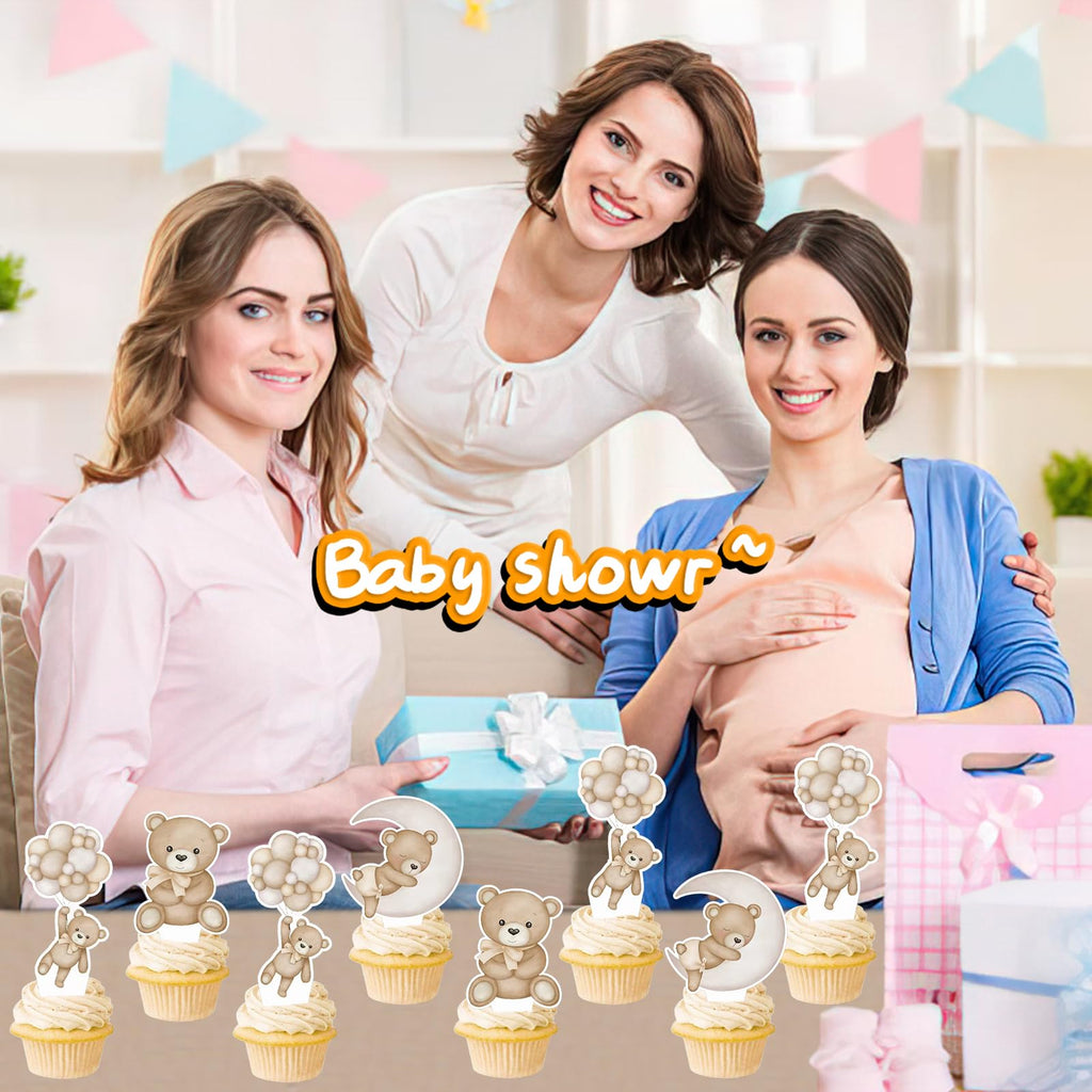 SZSHANN 48Pcs Teddy Bear Cupcake Toppers - Baby Shower Bear Theme Cake Decorations