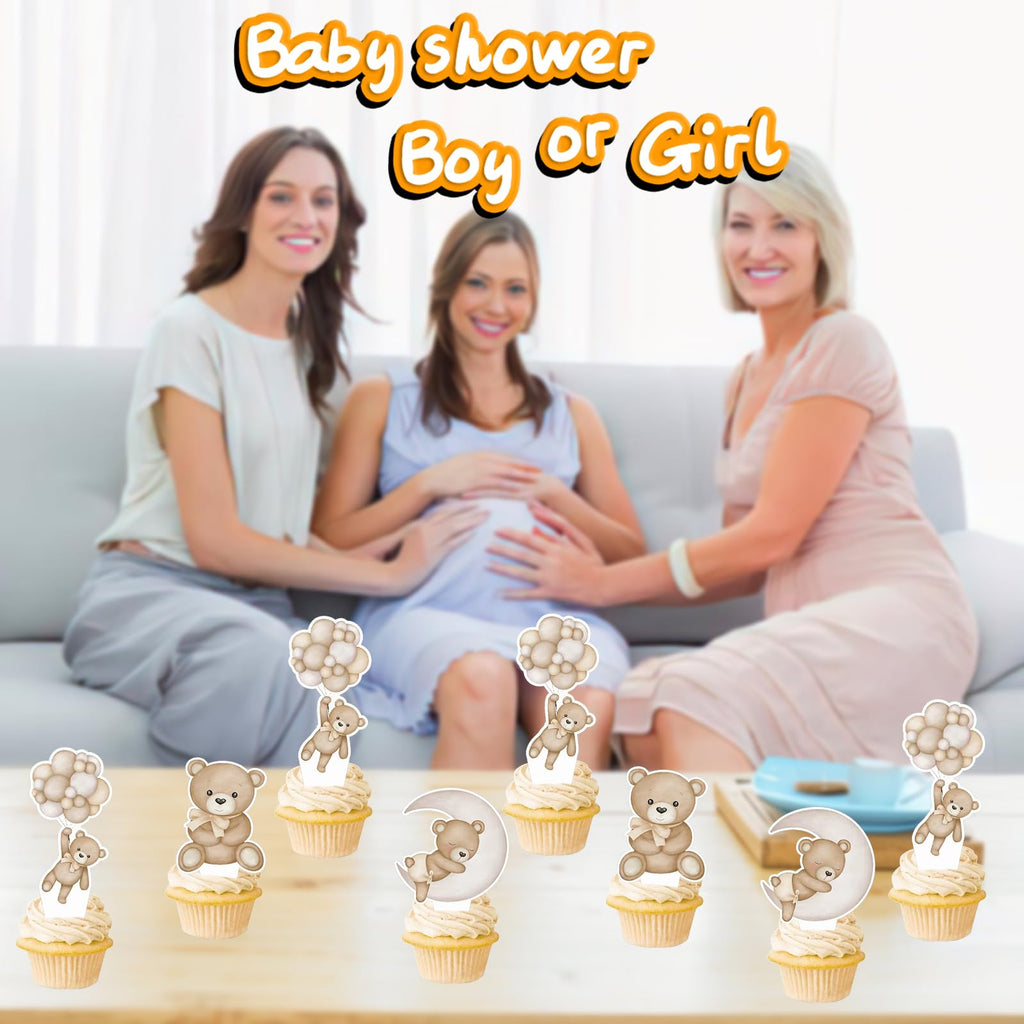 SZSHANN 48Pcs Teddy Bear Cupcake Toppers - Baby Shower Bear Theme Cake Decorations