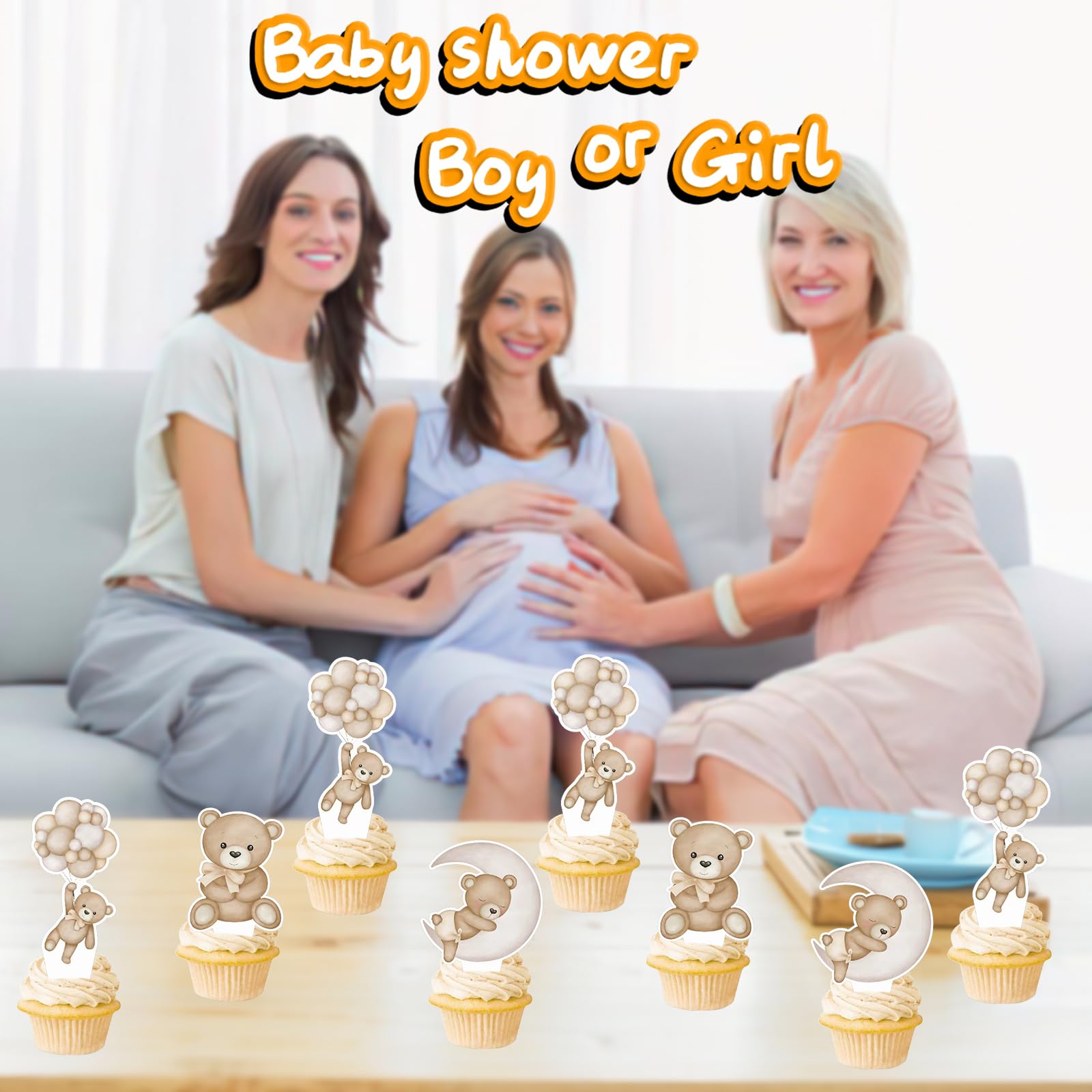 SZSHANN 48Pcs Teddy Bear Cupcake Toppers - Baby Shower Bear Theme Cake Decorations