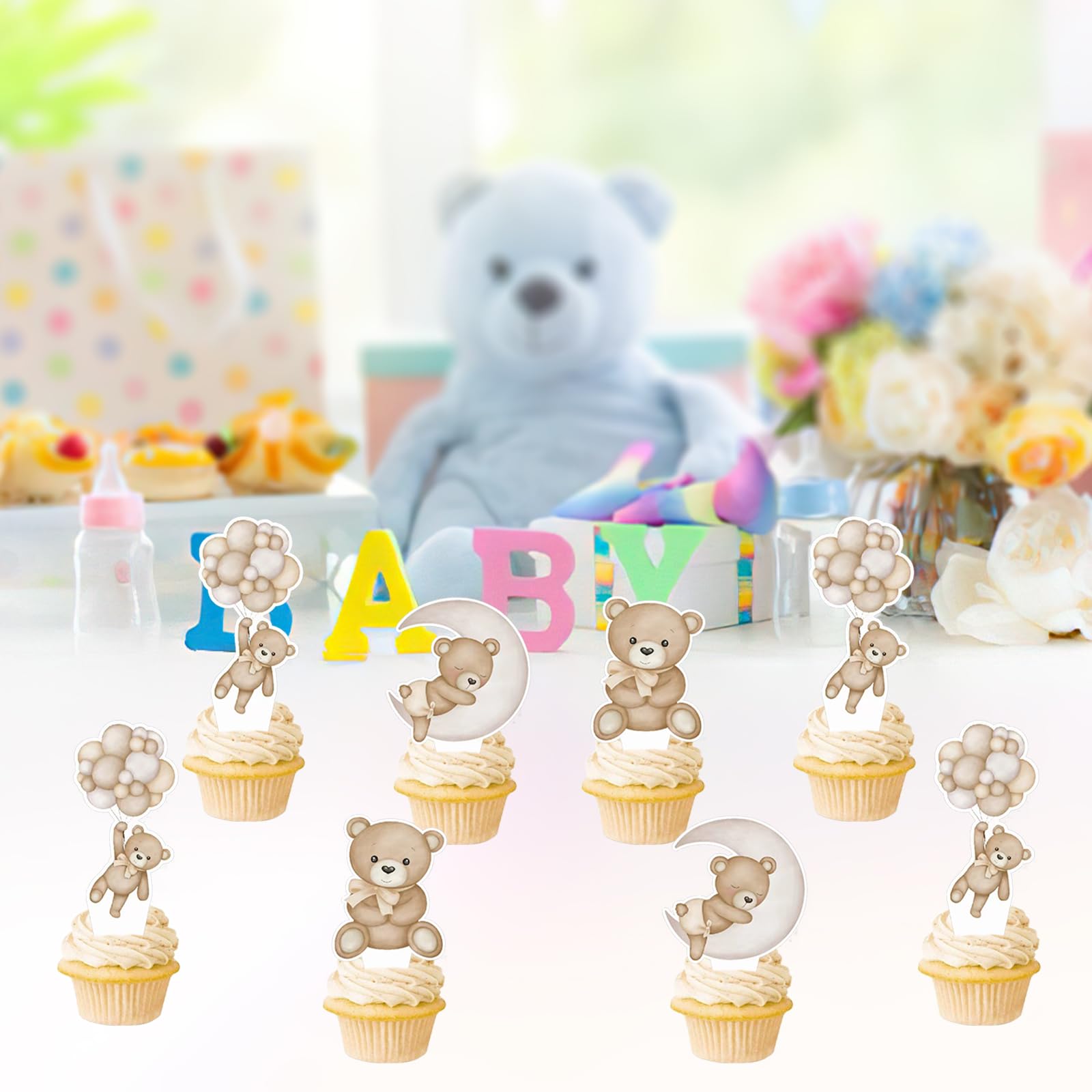 SZSHANN 48Pcs Teddy Bear Cupcake Toppers - Baby Shower Bear Theme Cake Decorations