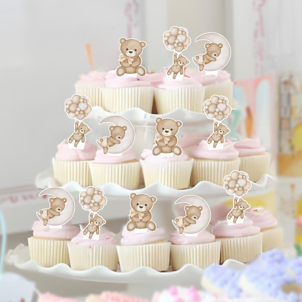 SZSHANN 48Pcs Teddy Bear Cupcake Toppers - Baby Shower Bear Theme Cake Decorations