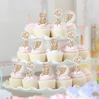 SZSHANN 48Pcs Teddy Bear Cupcake Toppers - Baby Shower Bear Theme Cake Decorations