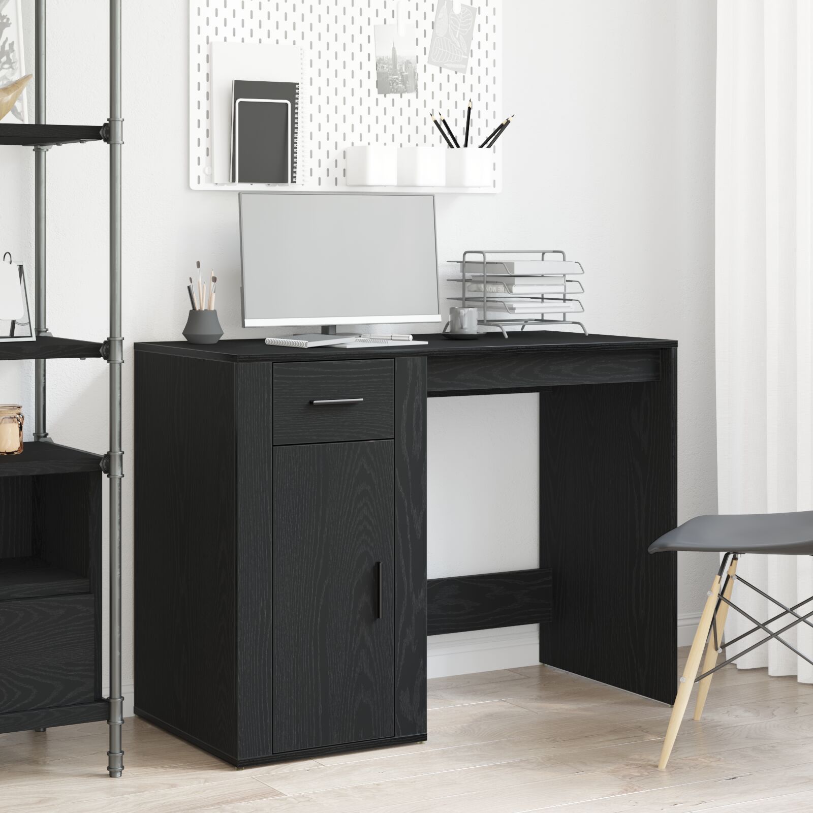 Modern Wooden Home Office Computer Desk Table With Storage Compartment & Drawer