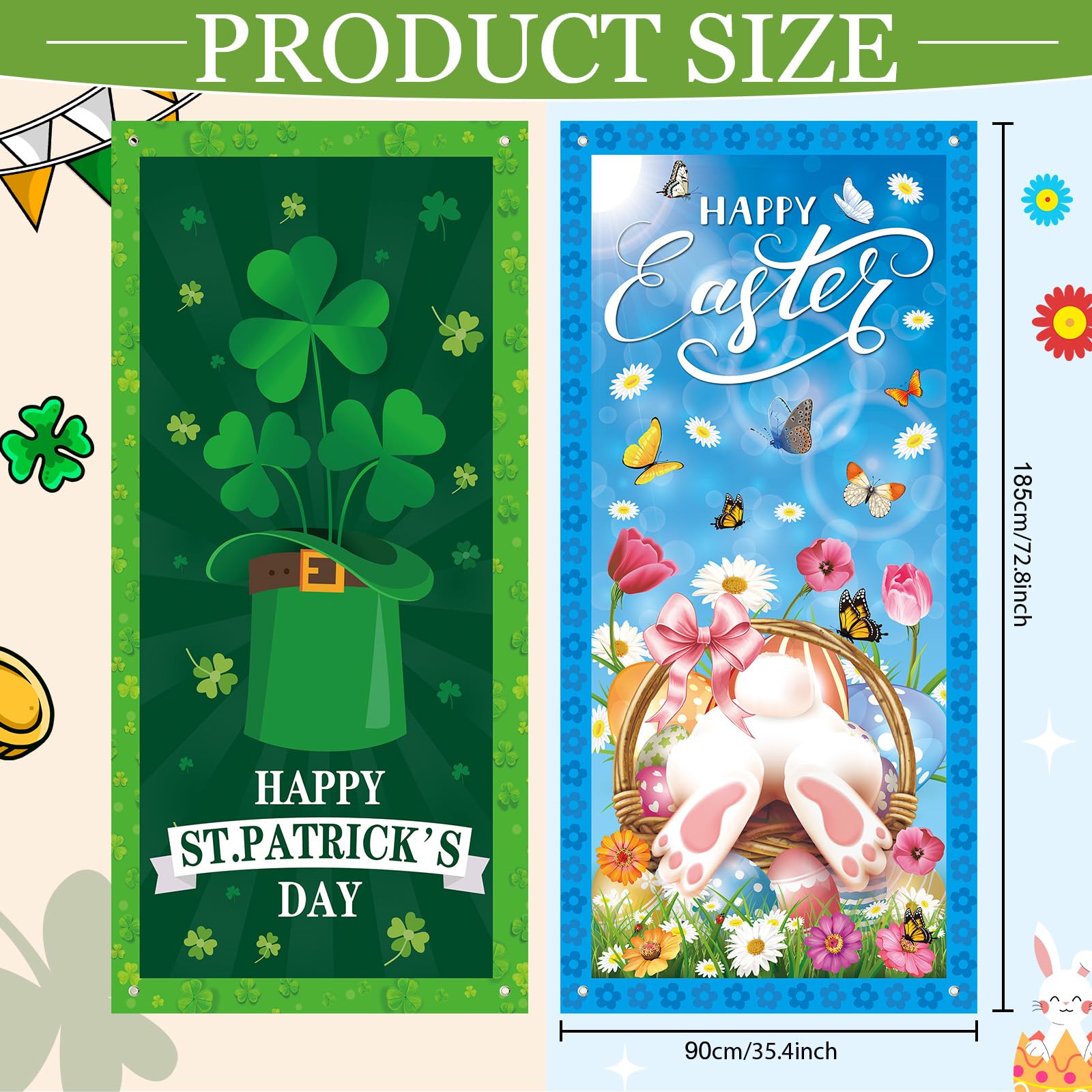 Tangren 2Pcs St. Patrick's Day & Easter Door Covers – Green Shamrock Porch Banners