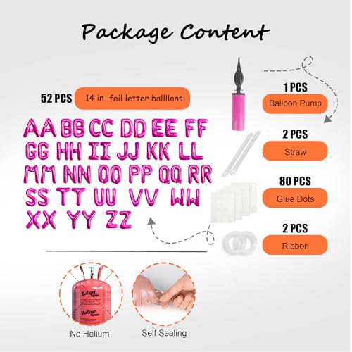 TangTuan 52 Pcs Hot Pink Foil Letter Balloons with Air Pump – 16 Inch Mylar Alphabet Kit (A-Z, 2 Sets) for Birthday Banners