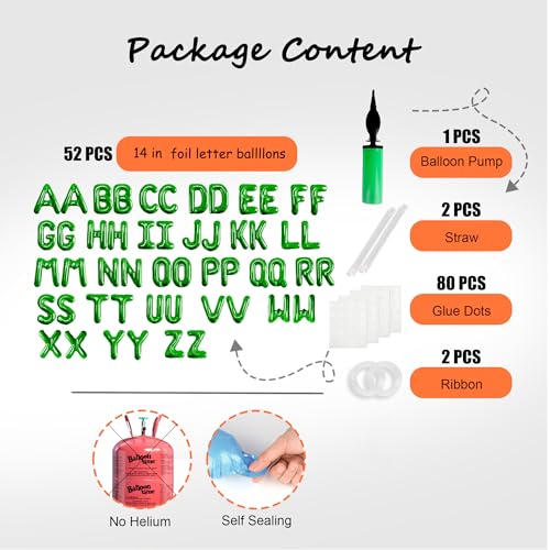TangTuan 52 Pcs Green Foil Alphabet Balloons with Air Pump, 16-Inch, 2 A-Z Sets