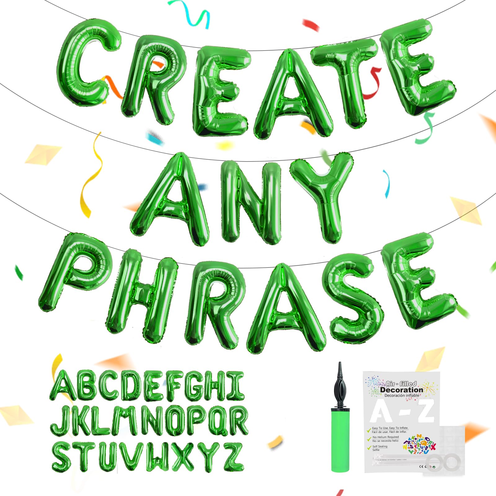 TangTuan 52 Pcs Green Foil Alphabet Balloons with Air Pump, 16-Inch, 2 A-Z Sets
