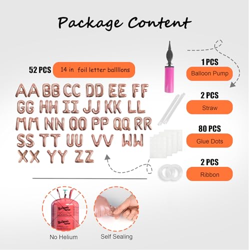 TangTuan 52 pcs Rose Gold Foil Letter Balloons Kit with Air Pump, 16 Inch, A-Z Sets