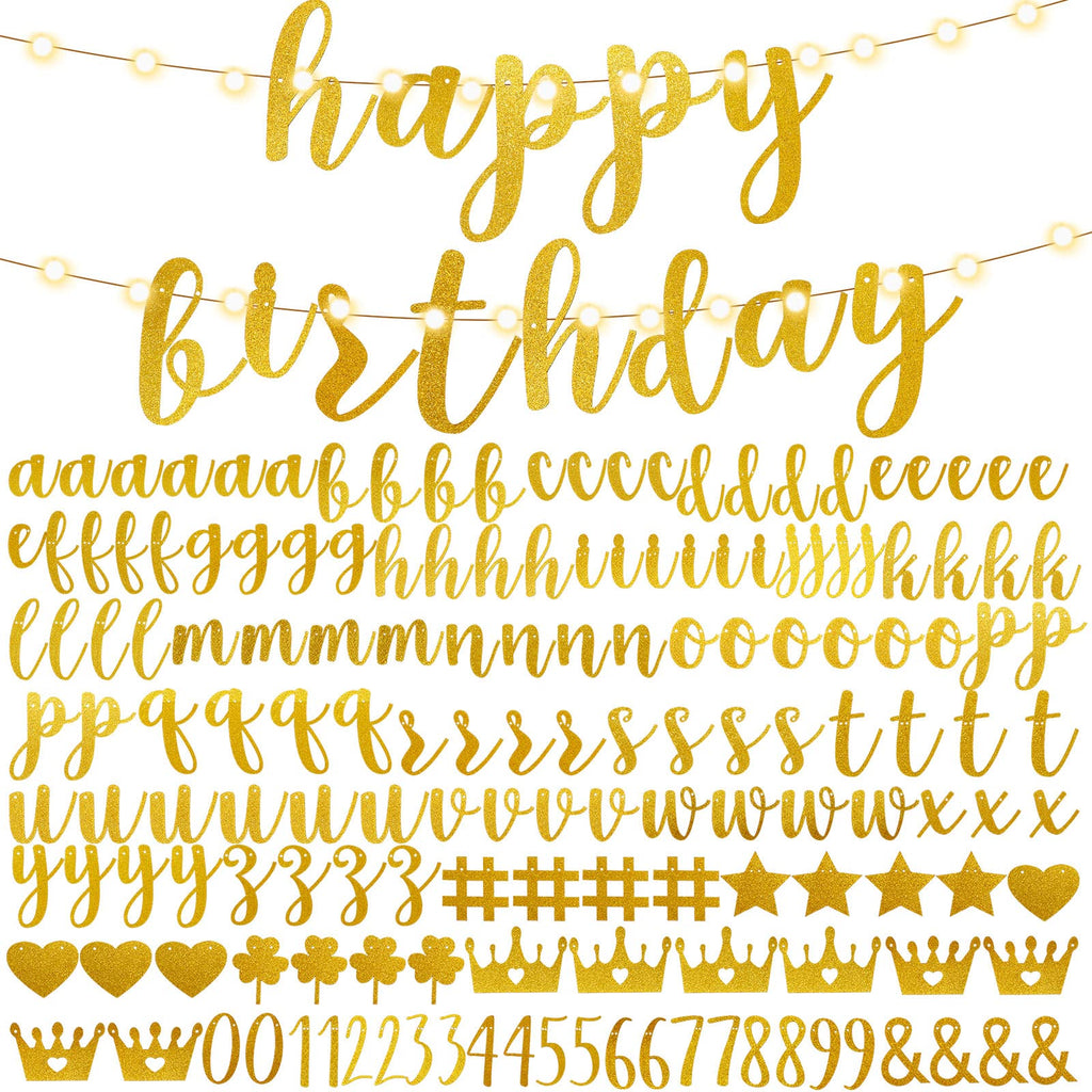 TaoBary 167-Pcs DIY Glitter Banner Kit – Customizable Happy Birthday Banner with 3 Ropes (Gold)