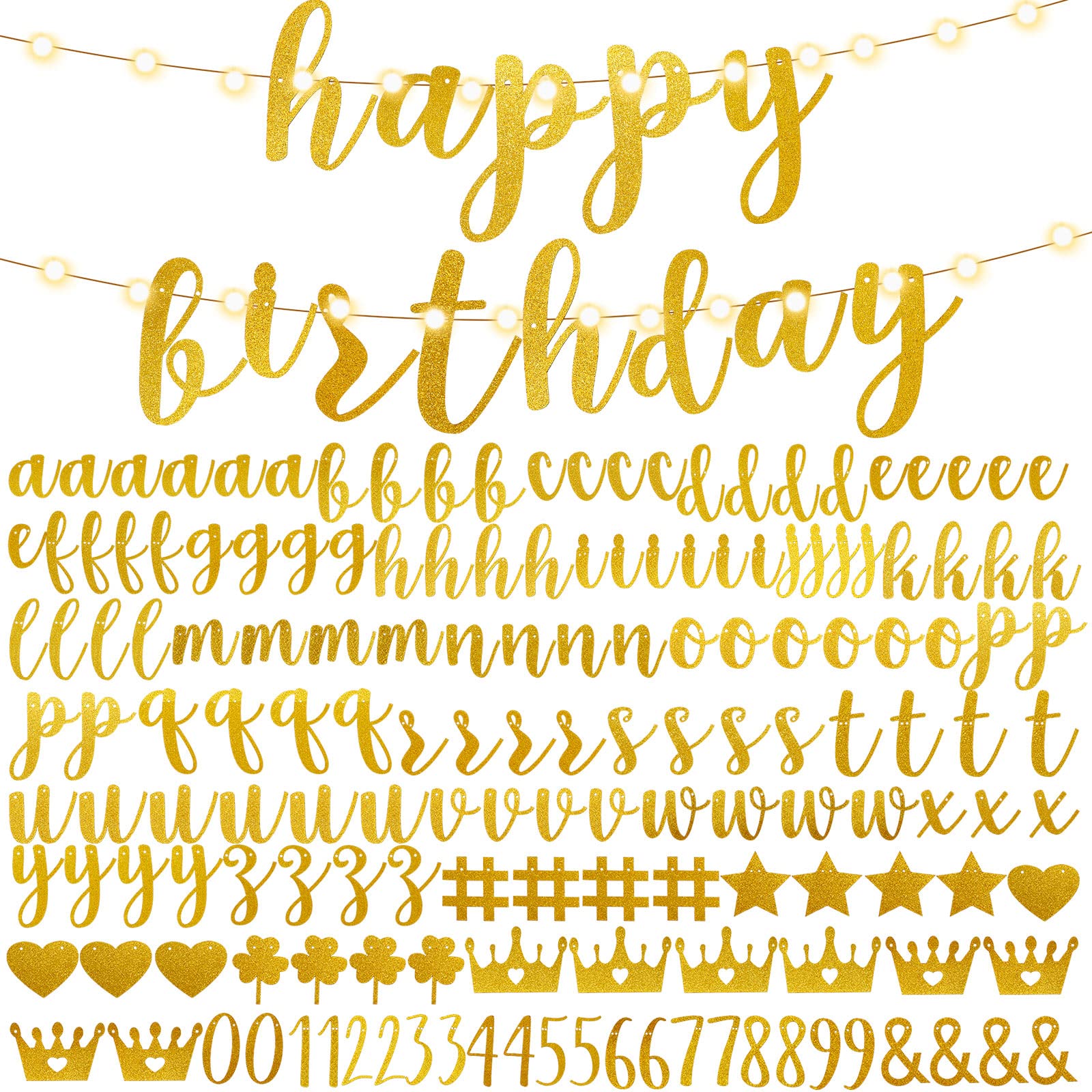 TaoBary 167-Pcs DIY Glitter Banner Kit – Customizable Happy Birthday Banner with 3 Ropes (Gold)