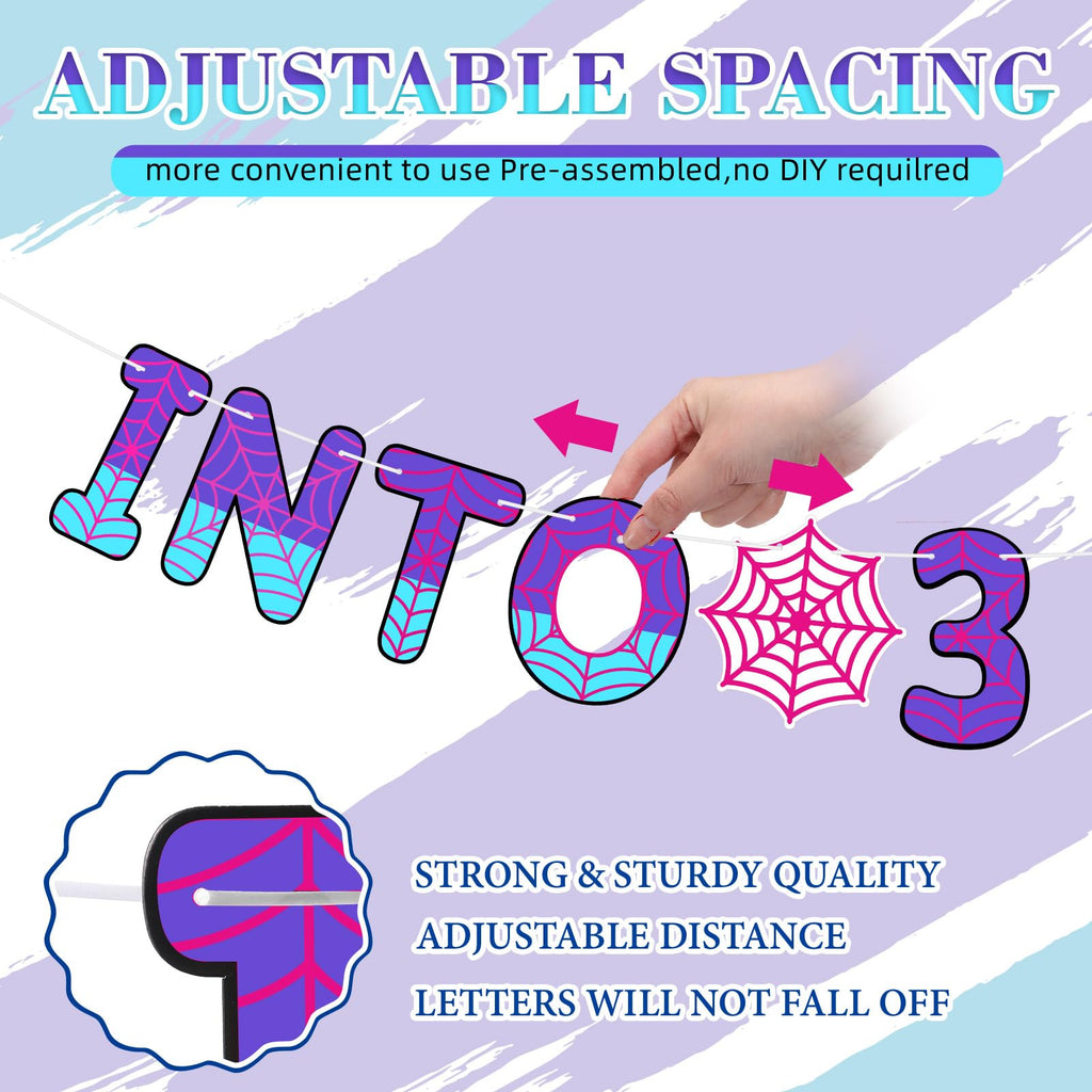 TaoBary Spider Theme 3rd Birthday Banner – Pre-strung Pink & Purple Party Decor