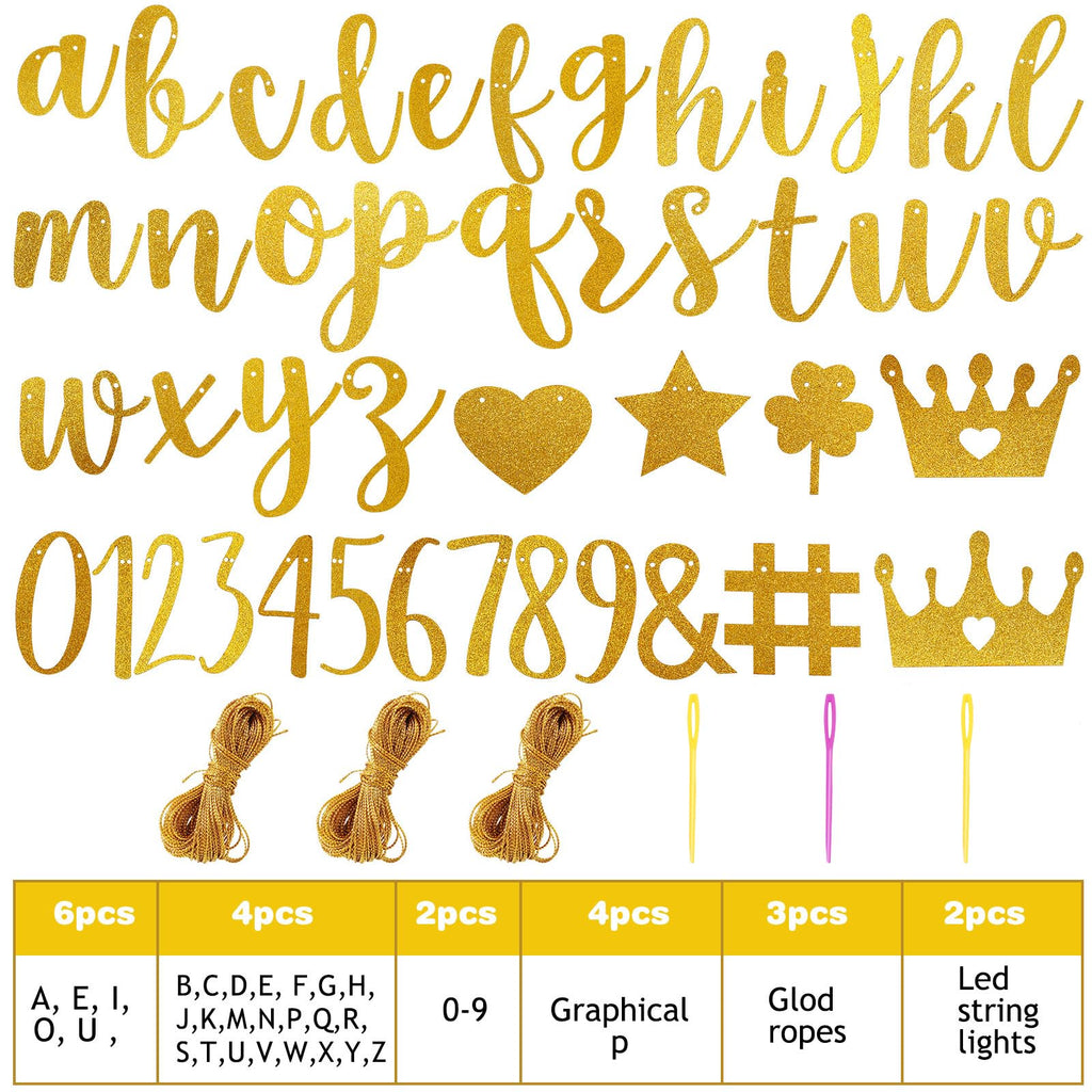 TaoBary 167-Pcs DIY Glitter Banner Kit – Customizable Happy Birthday Banner with 3 Ropes (Gold)