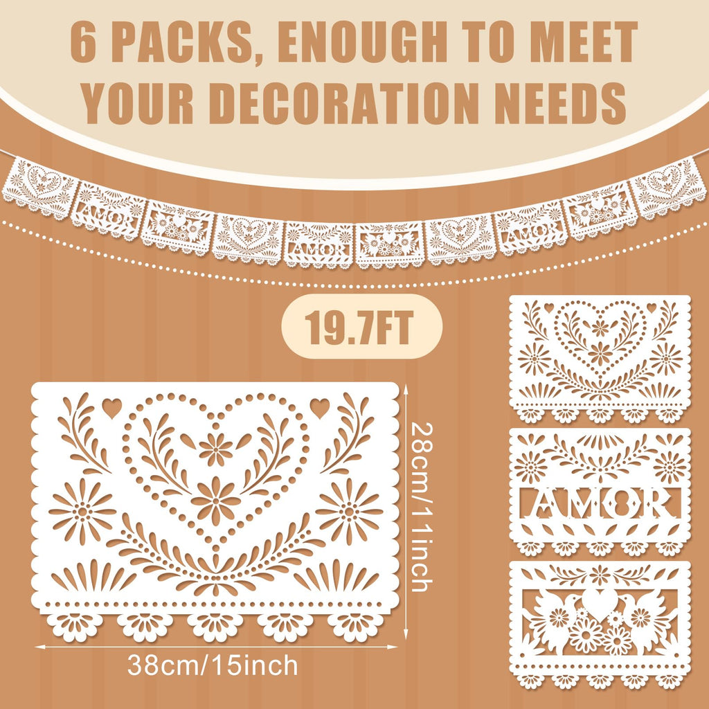 TaoBary 6 Pack White Papel Picado Banner — 118 in Mexican Wedding Decor
