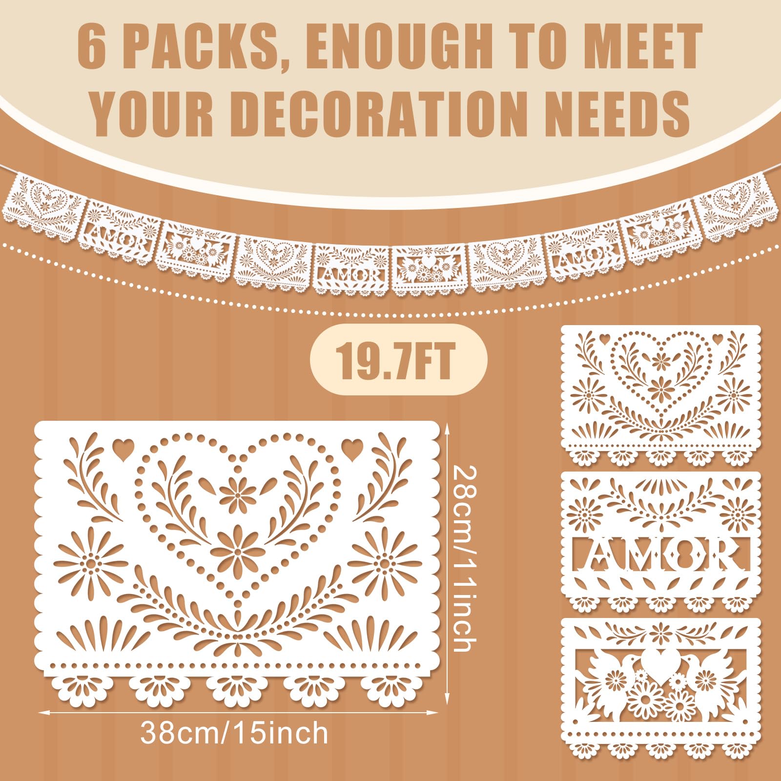 TaoBary 6 Pack White Papel Picado Banner — 118 in Mexican Wedding Decor