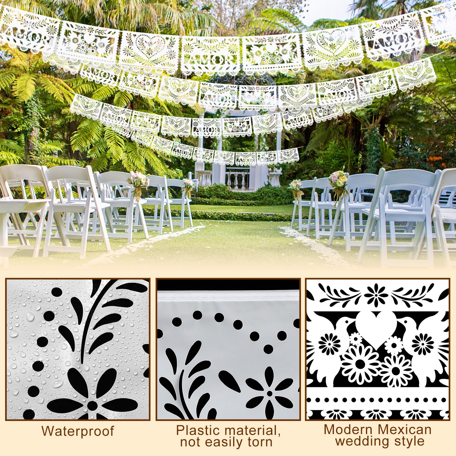 TaoBary 6 Pack White Papel Picado Banner — 118 in Mexican Wedding Decor