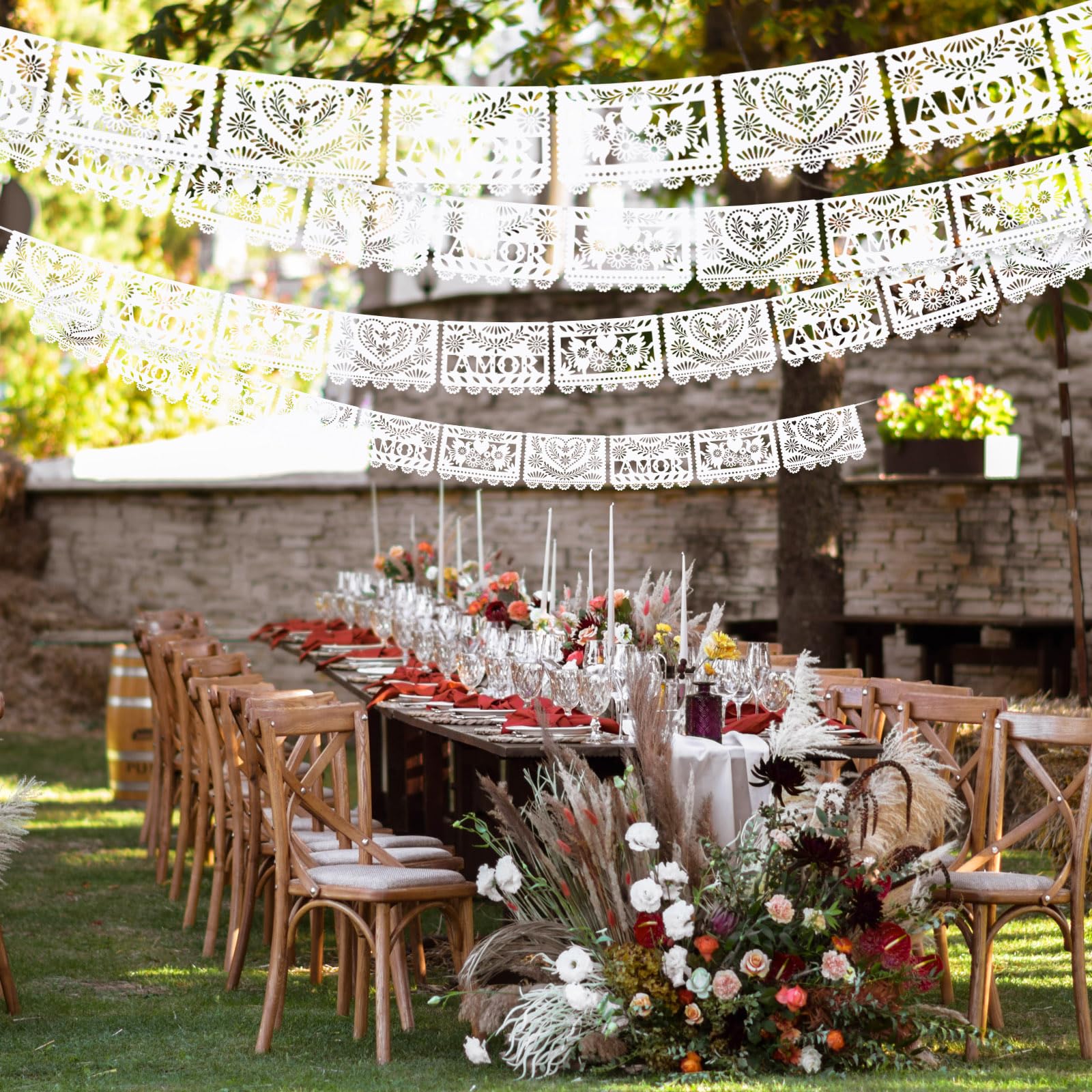 TaoBary 6 Pack White Papel Picado Banner — 118 in Mexican Wedding Decor