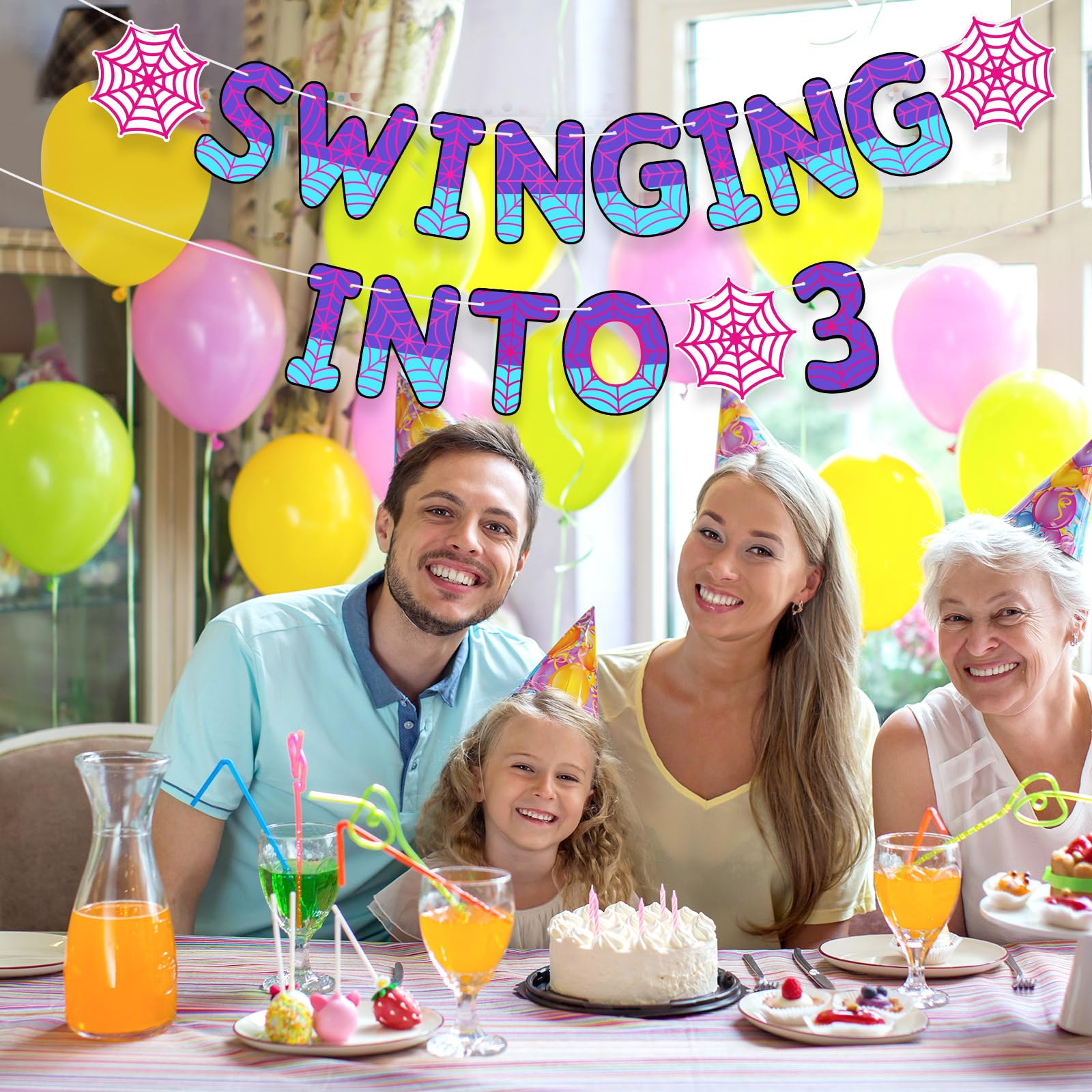 TaoBary Spider Theme 3rd Birthday Banner – Pre-strung Pink & Purple Party Decor