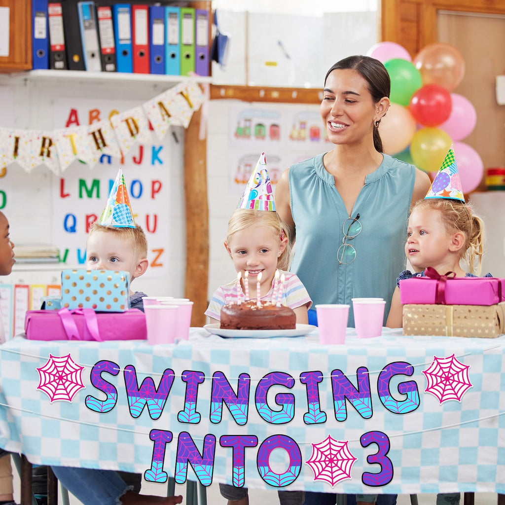 TaoBary Spider Theme 3rd Birthday Banner – Pre-strung Pink & Purple Party Decor