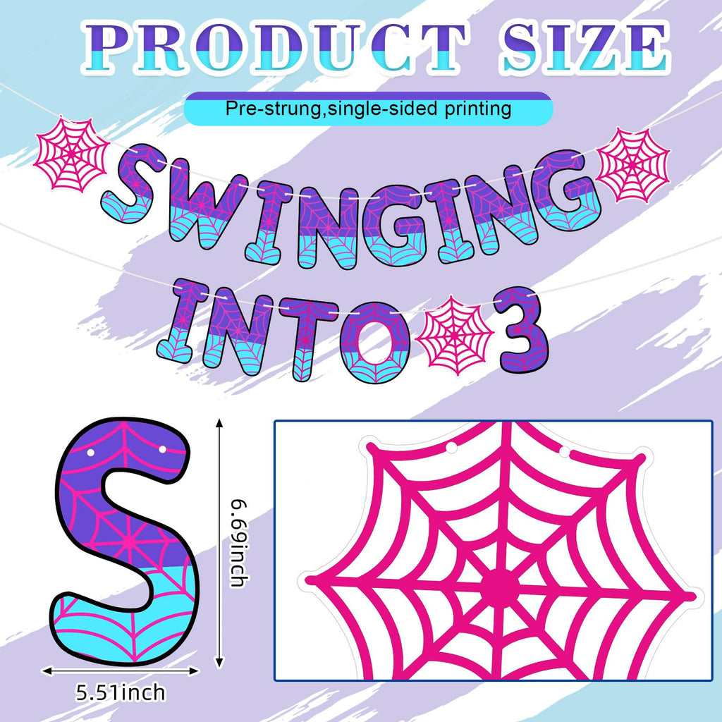 TaoBary Spider Theme 3rd Birthday Banner – Pre-strung Pink & Purple Party Decor