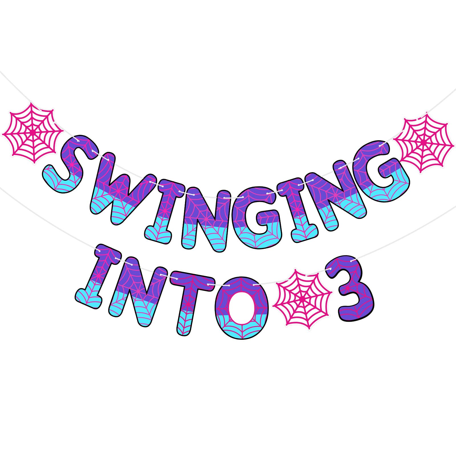 TaoBary Spider Theme 3rd Birthday Banner – Pre-strung Pink & Purple Party Decor