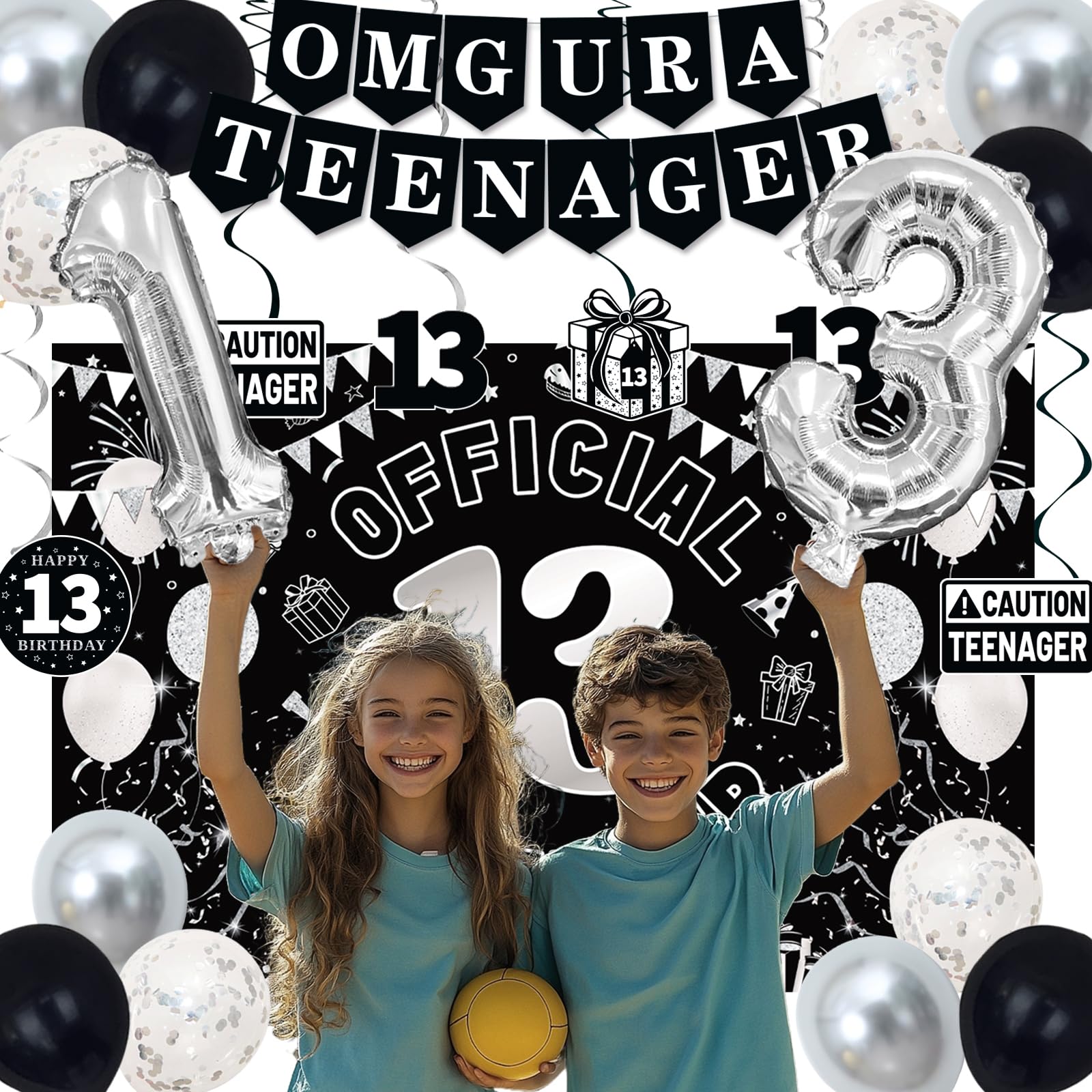TAOTOSUNE 13th Birthday Decorations for Teens - Black White & Silver Backdrop, Official 13 Teenager Banner, Foil Balloons