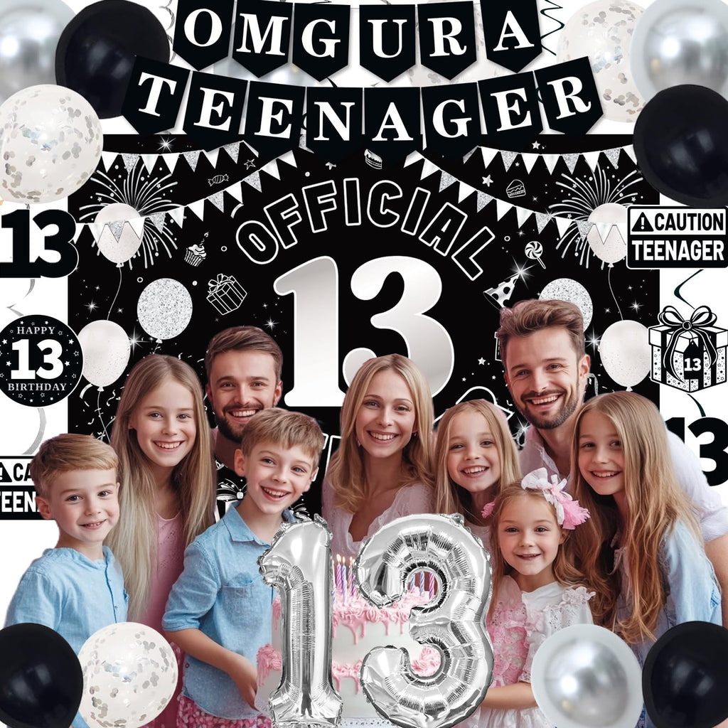 TAOTOSUNE 13th Birthday Decorations for Teens - Black White & Silver Backdrop, Official 13 Teenager Banner, Foil Balloons
