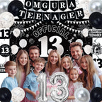 TAOTOSUNE 13th Birthday Decorations for Teens - Black White & Silver Backdrop, Official 13 Teenager Banner, Foil Balloons