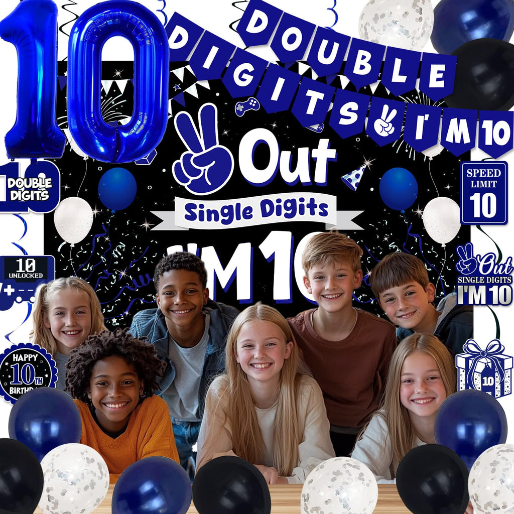 TAOTOSUNE 10th Birthday Decorations Bundle — Blue & Black Banner, Backdrop, 32-inch Foil Balloons, Swirls, Cards