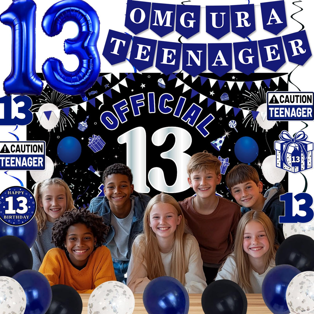 TAOTOSUNE 13th Birthday Decorations – Blue & Black Theme with Official Backdrop & Balloons
