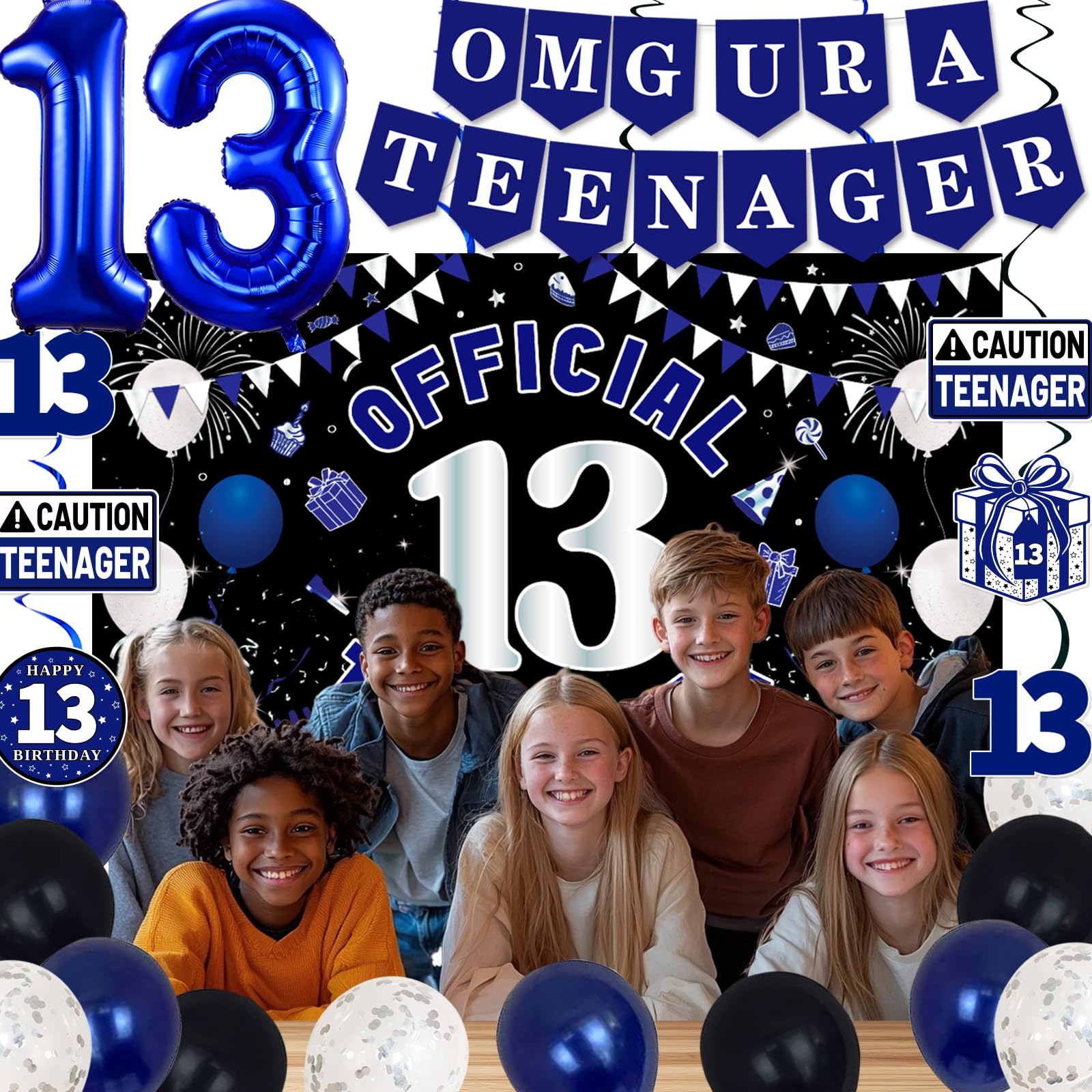 TAOTOSUNE 13th Birthday Decorations – Blue & Black Theme with Official Backdrop & Balloons