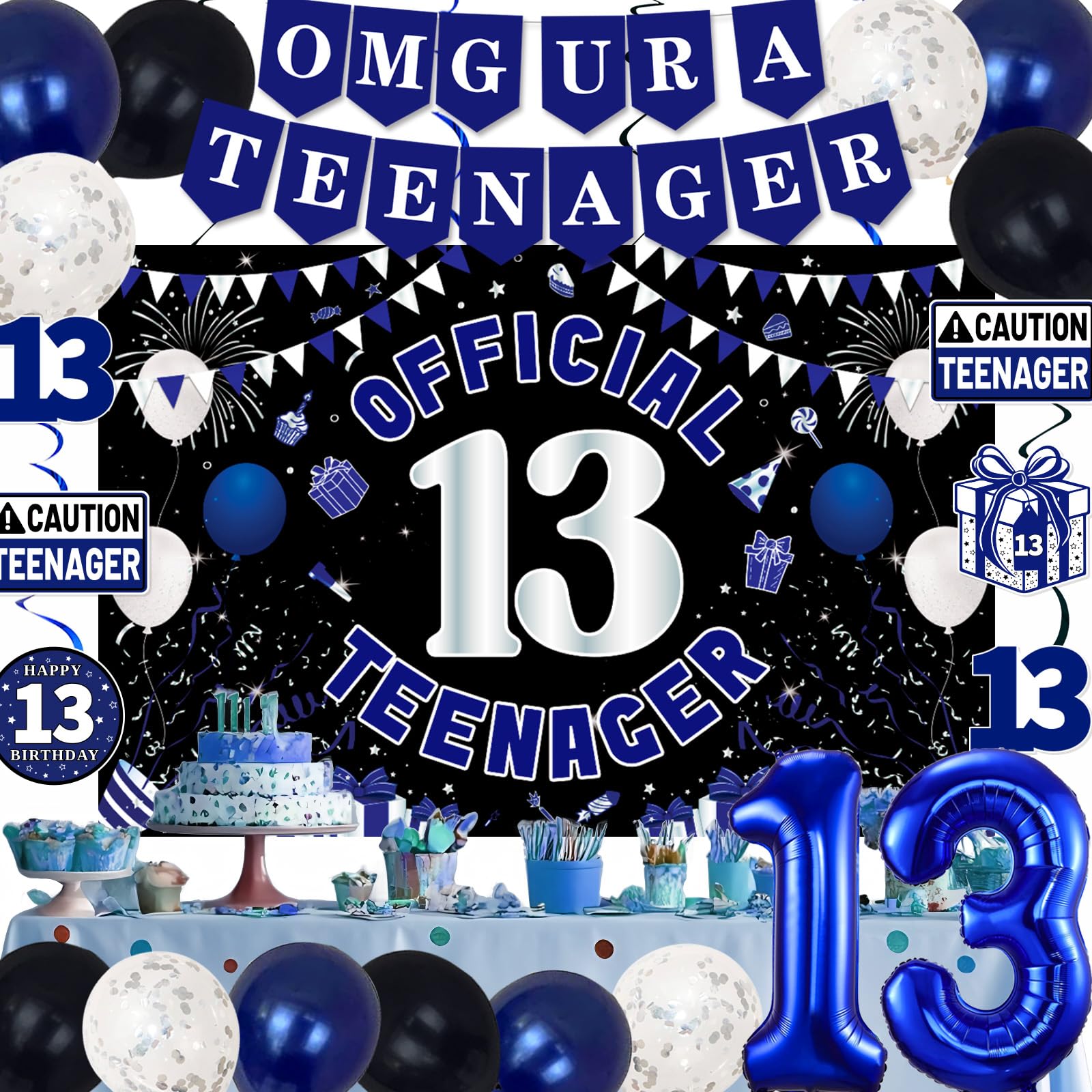 TAOTOSUNE 13th Birthday Decorations – Blue & Black Theme with Official Backdrop & Balloons